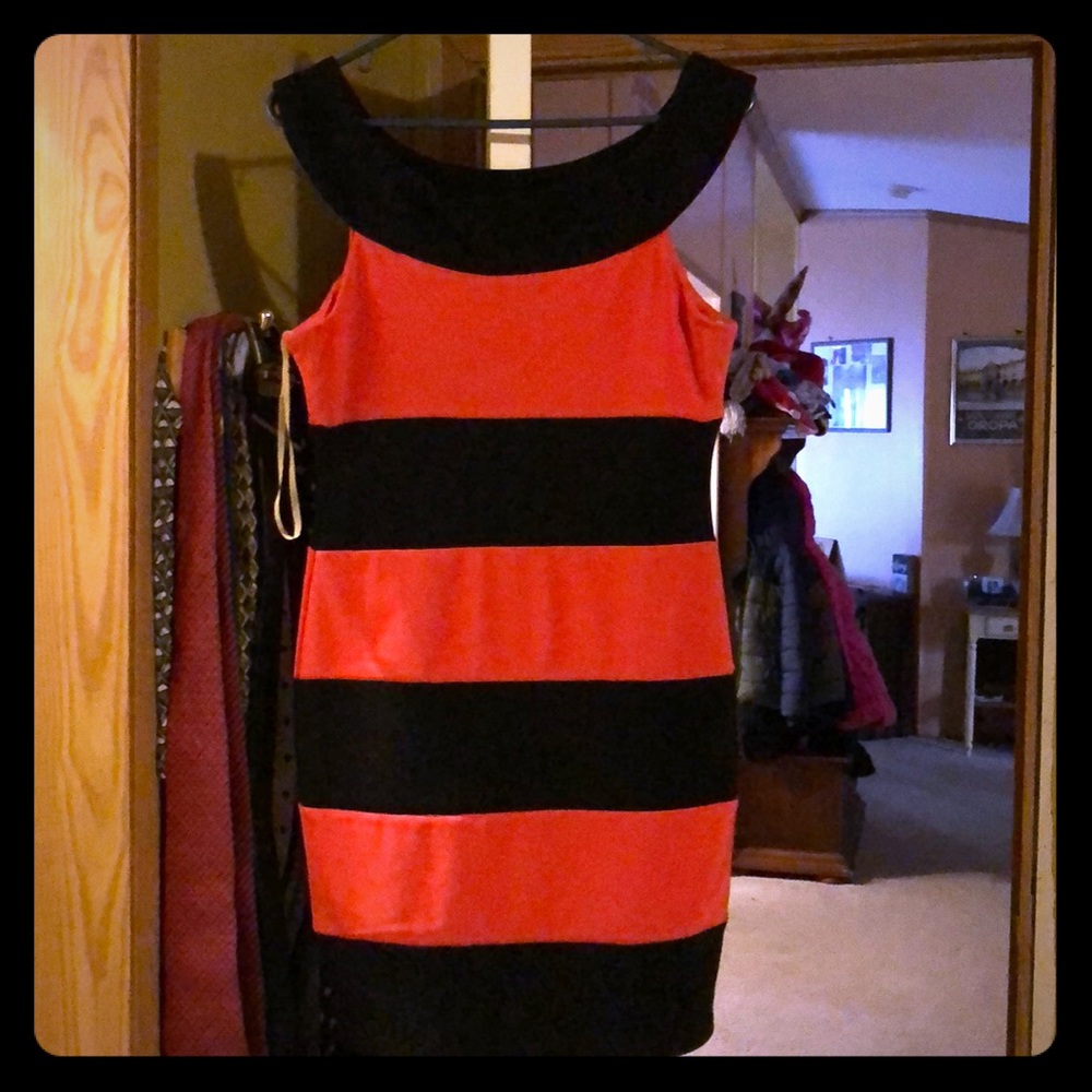 Black and coral cocktail/club dress